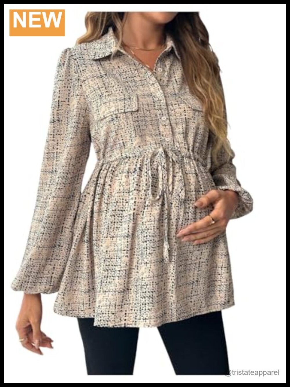 Maternity Blouse Long Sleeve Belted Button Down with Bishop Sleeves